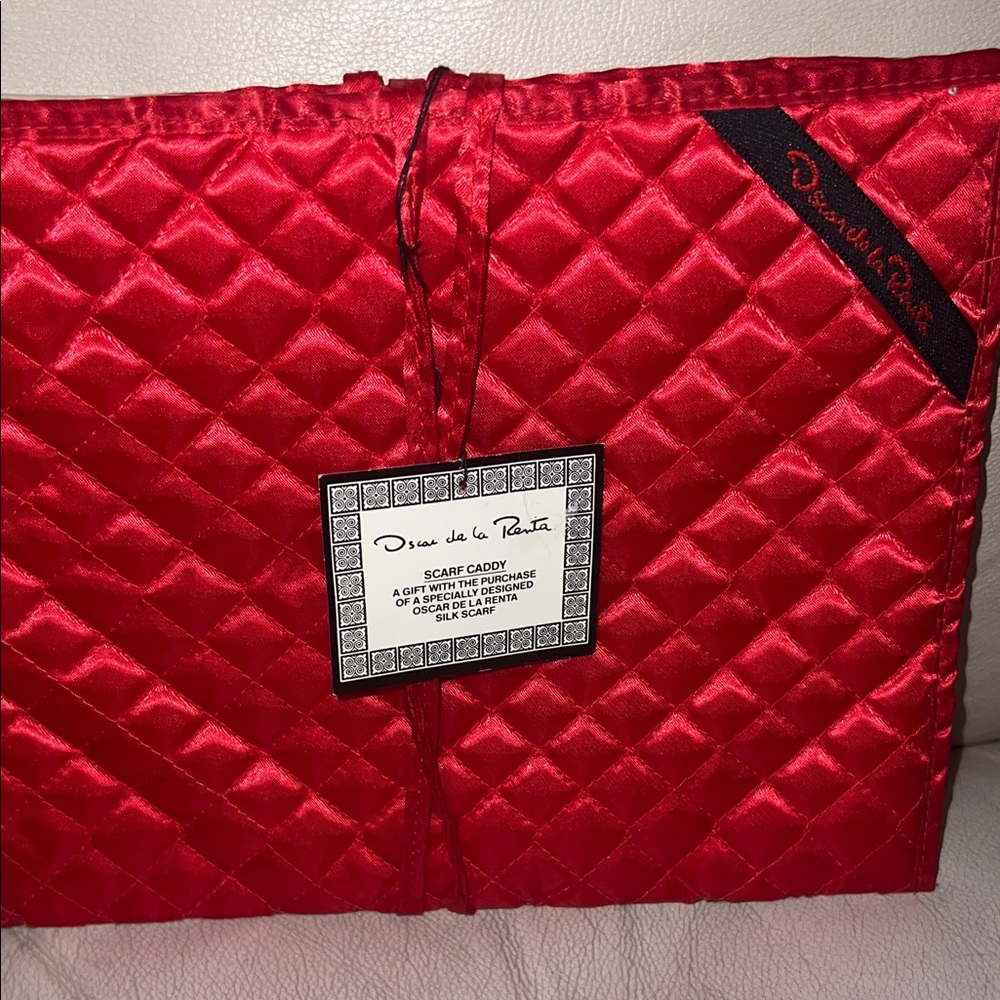 Oscar de la Renta Red Quilted Satin Scarf Caddy with Logo Tab and more